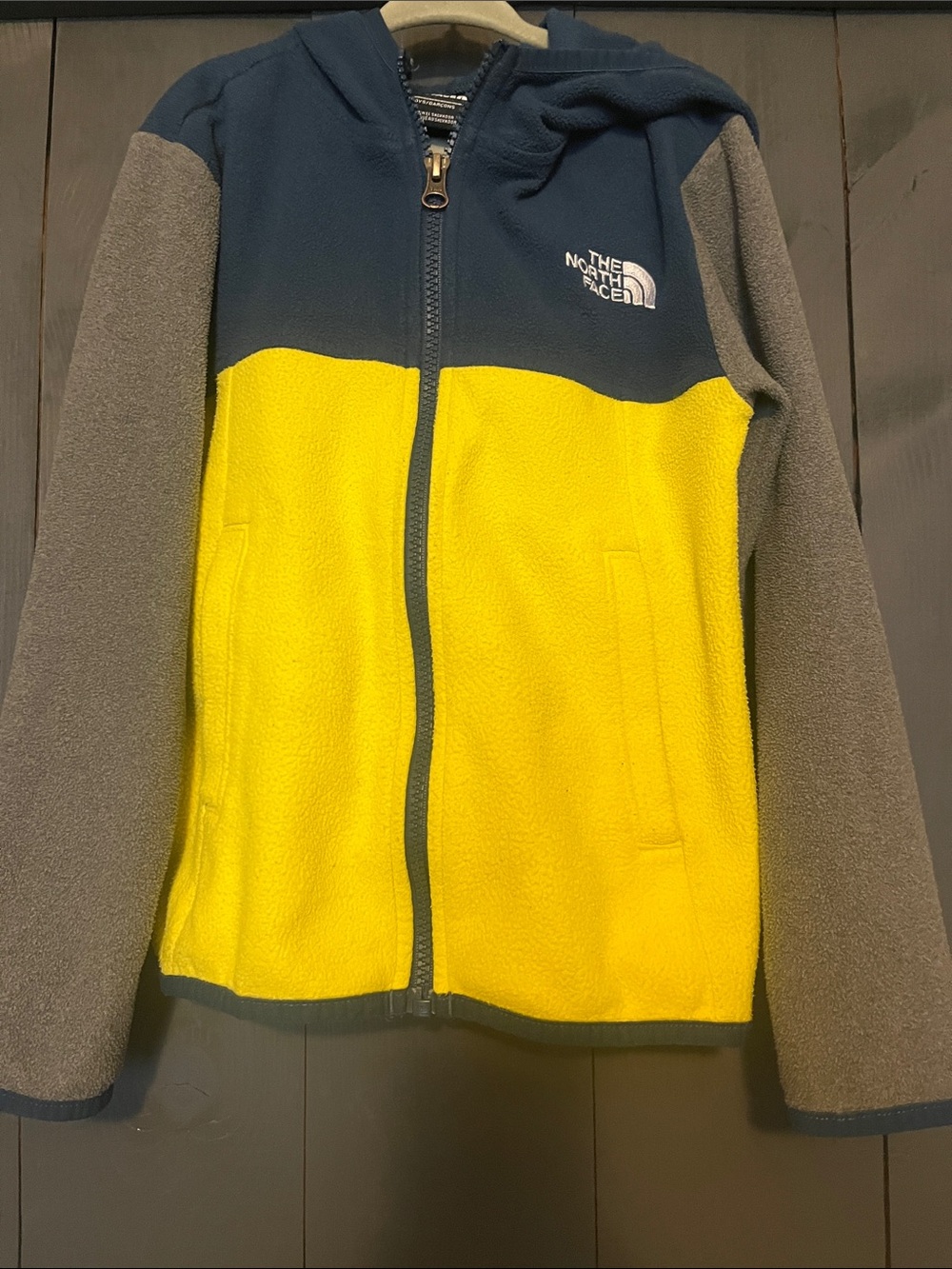 The North Face Kids Hooded Colorblock Fleece Jacket in Yellow, Navy & Gray